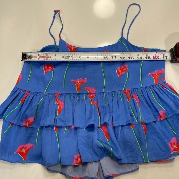 Caroline Constas Silk Top Med Softgirl Nadine Ruffle Floral Tank Print Blue - Picture 13 of 13